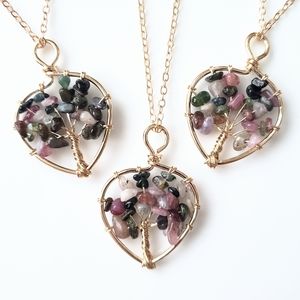 Natural tourmaline tree of life pendant necklace